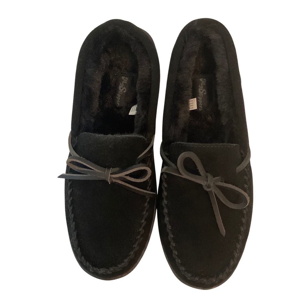 MySlippers Womens 9 Black Suede Leather Moccasin Fur Lined My Pillow Slippers